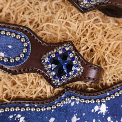 MOUSM Western Headstall &amp; Breast Collar Set – Made with Genuine Argentina Cow Leather Decorated Middle Leather Patch with Royal Blue Metallic Acid Wash Cowhide
