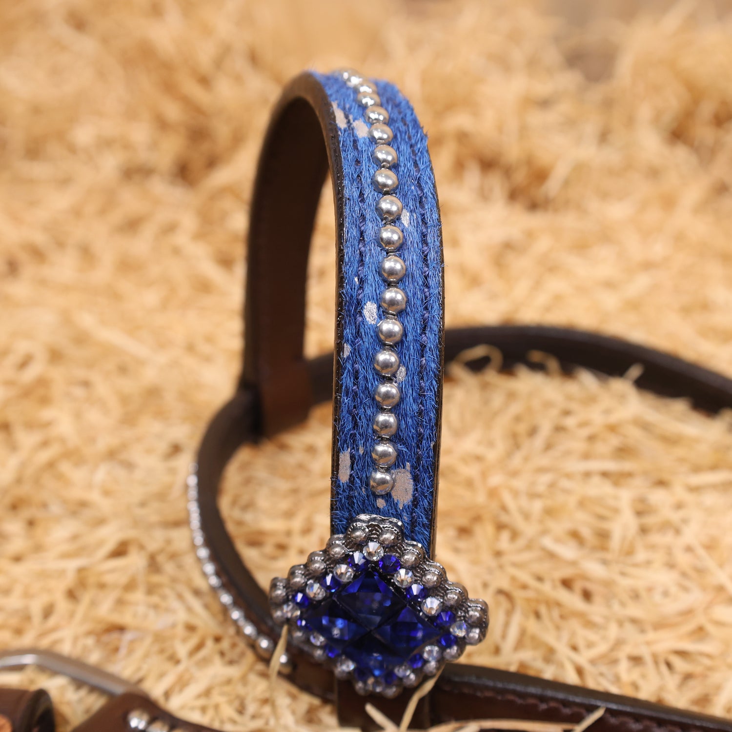 MOUSM Western Headstall &amp; Breast Collar Set – Made with Genuine Argentina Cow Leather Decorated Middle Leather Patch with Royal Blue Metallic Acid Wash Cowhide