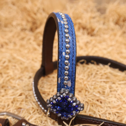 MOUSM Western Headstall &amp; Breast Collar Set – Made with Genuine Argentina Cow Leather Decorated Middle Leather Patch with Royal Blue Metallic Acid Wash Cowhide