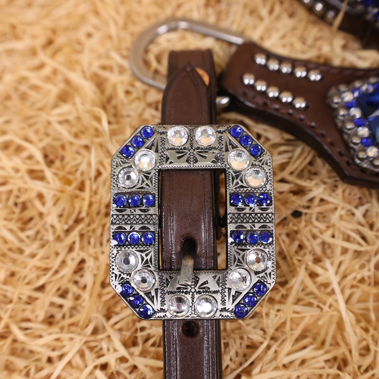 MOUSM Western Headstall &amp; Breast Collar Set – Made with Genuine Argentina Cow Leather Decorated Middle Leather Patch with Royal Blue Metallic Acid Wash Cowhide