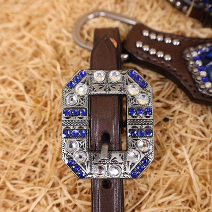 MOUSM Western Headstall &amp; Breast Collar Set – Made with Genuine Argentina Cow Leather Decorated Middle Leather Patch with Royal Blue Metallic Acid Wash Cowhide