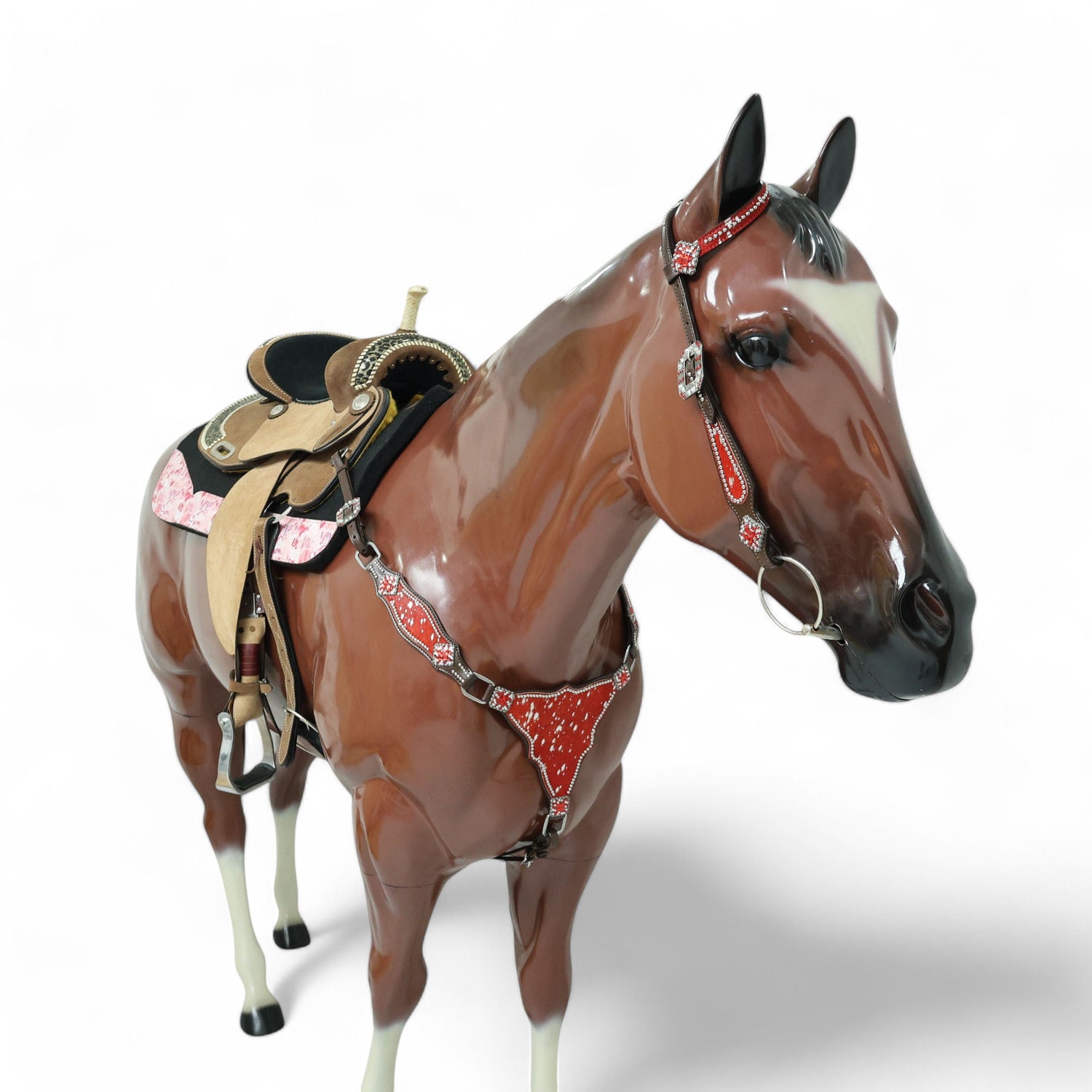 MOUSM Western Headstall &amp; Breast Collar Set – Made with Genuine Argentina Cow Leather Decorated Middle Leather Patch with Red Silver Metallic Acid Wash Cowhide
