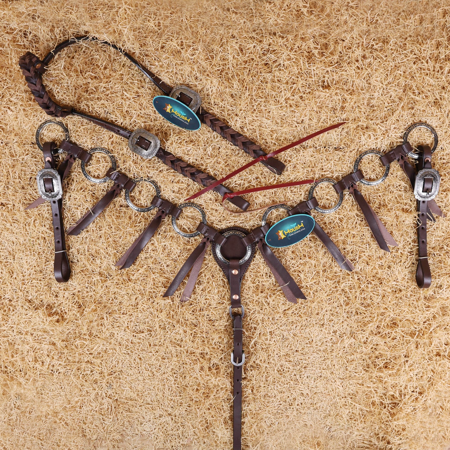 MOUSM Ring Headstall and Breast Collar Tack Set – Made form Argentina Cow Leather with Engraved Antique Nickel Rings, Metallic Brown Plain Leather Fringe on Real Brown Leather, and Braided Browband &amp; Cheekpiece