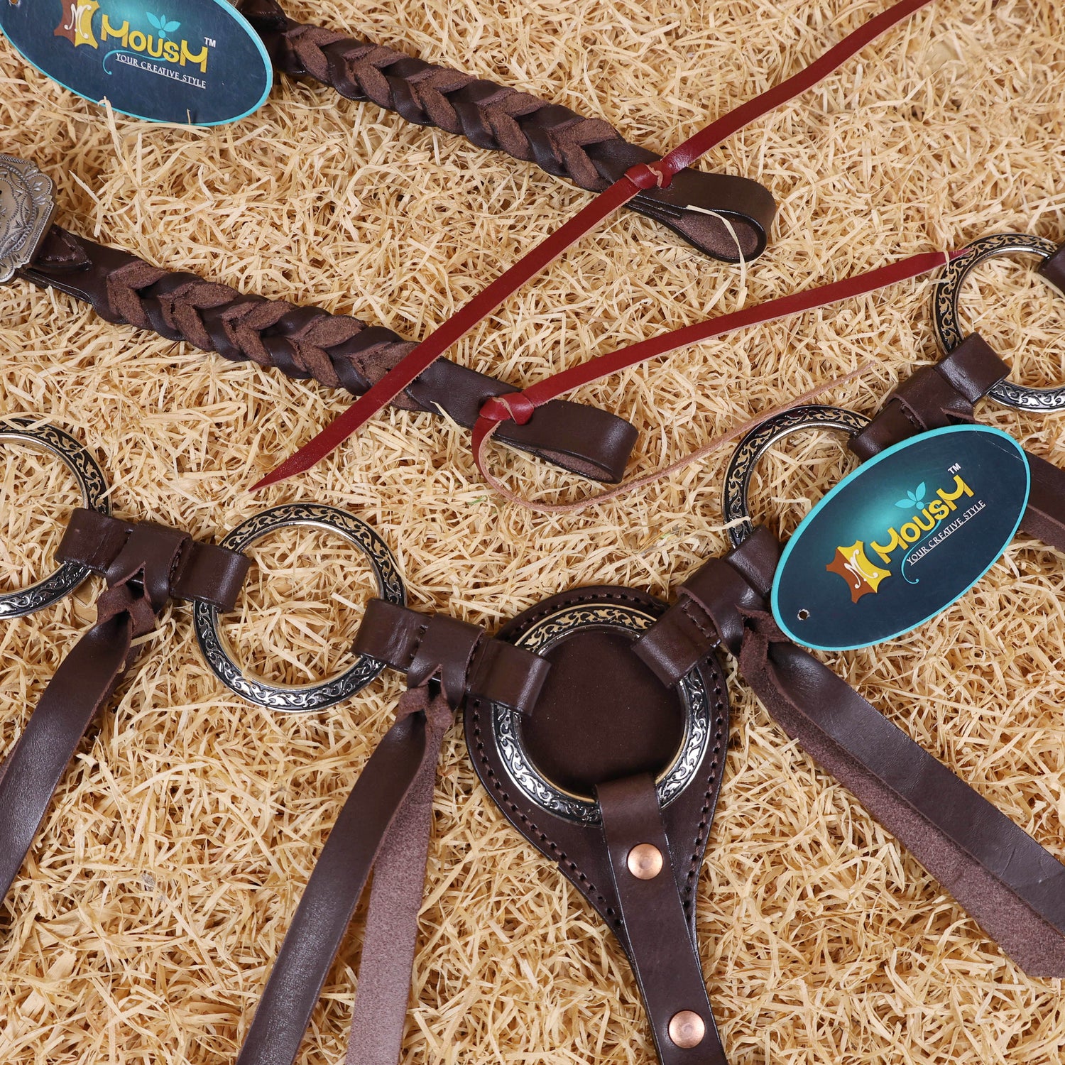 MOUSM Ring Headstall and Breast Collar Tack Set – Made form Argentina Cow Leather with Engraved Antique Nickel Rings, Metallic Brown Plain Leather Fringe on Real Brown Leather, and Braided Browband &amp; Cheekpiece