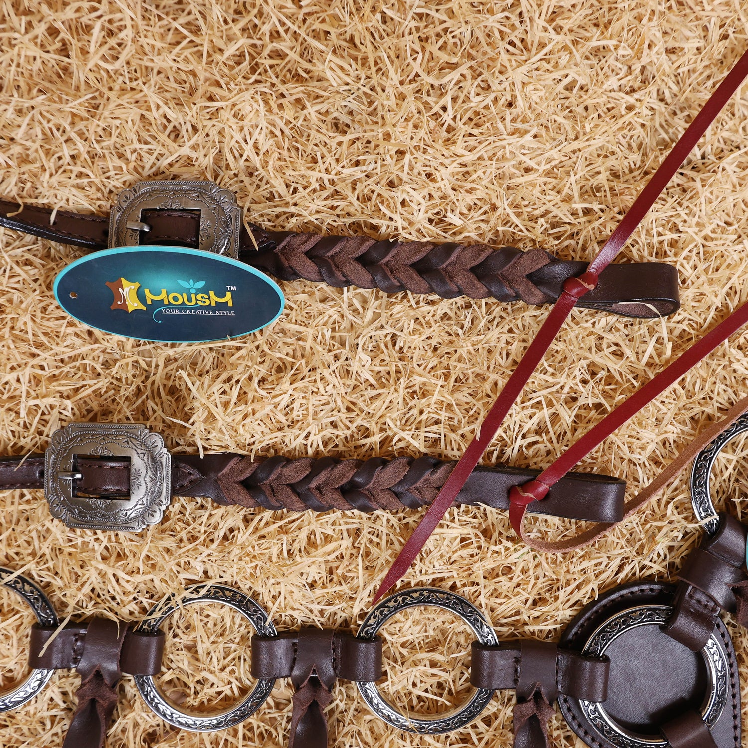 MOUSM Ring Headstall and Breast Collar Tack Set – Made form Argentina Cow Leather with Engraved Antique Nickel Rings, Metallic Brown Plain Leather Fringe on Real Brown Leather, and Braided Browband &amp; Cheekpiece