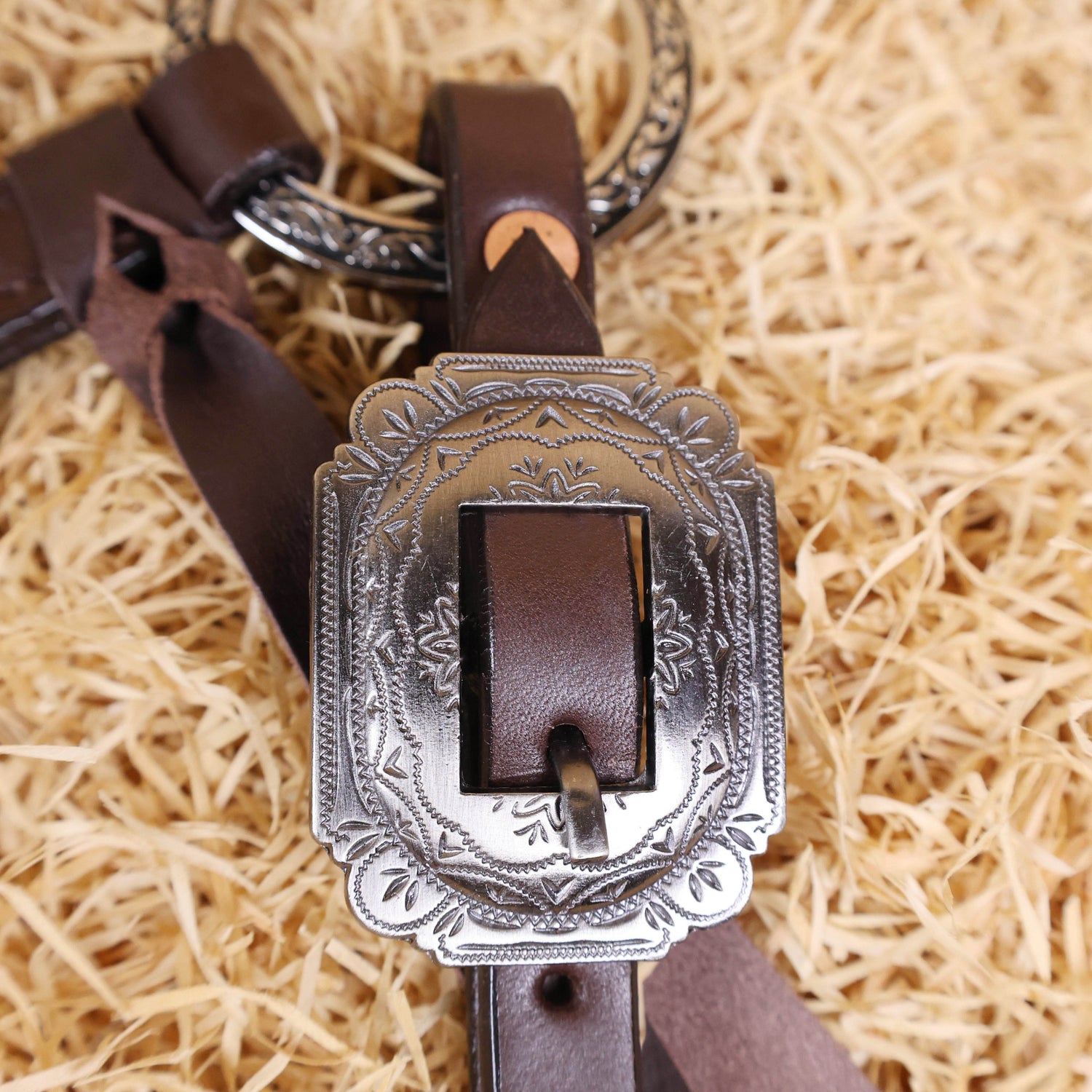 MOUSM Ring Headstall and Breast Collar Tack Set – Made form Argentina Cow Leather with Engraved Antique Nickel Rings, Metallic Brown Plain Leather Fringe on Real Brown Leather, and Braided Browband &amp; Cheekpiece