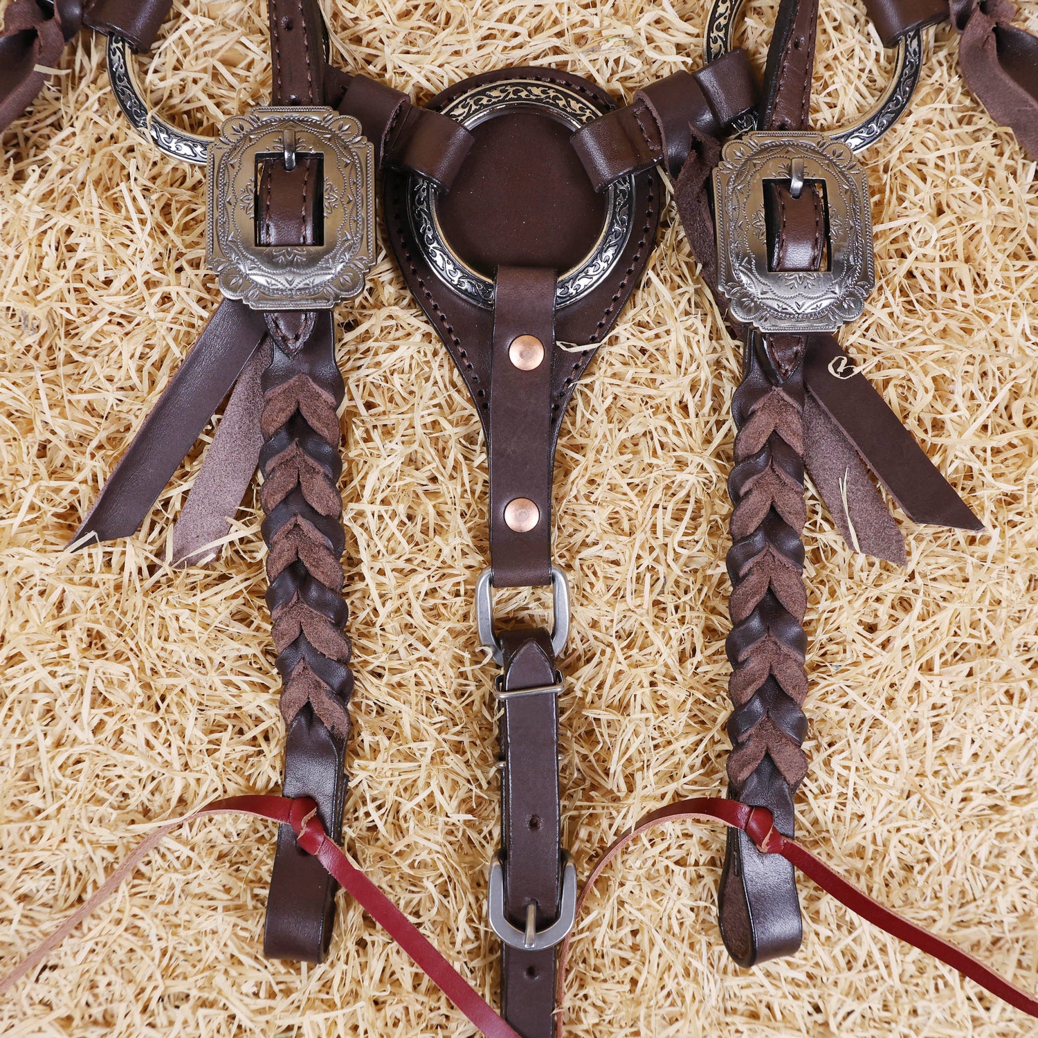 MOUSM Ring Headstall and Breast Collar Tack Set – Made form Argentina Cow Leather with Engraved Antique Nickel Rings, Metallic Brown Plain Leather Fringe on Real Brown Leather, and Braided Browband &amp; Cheekpiece