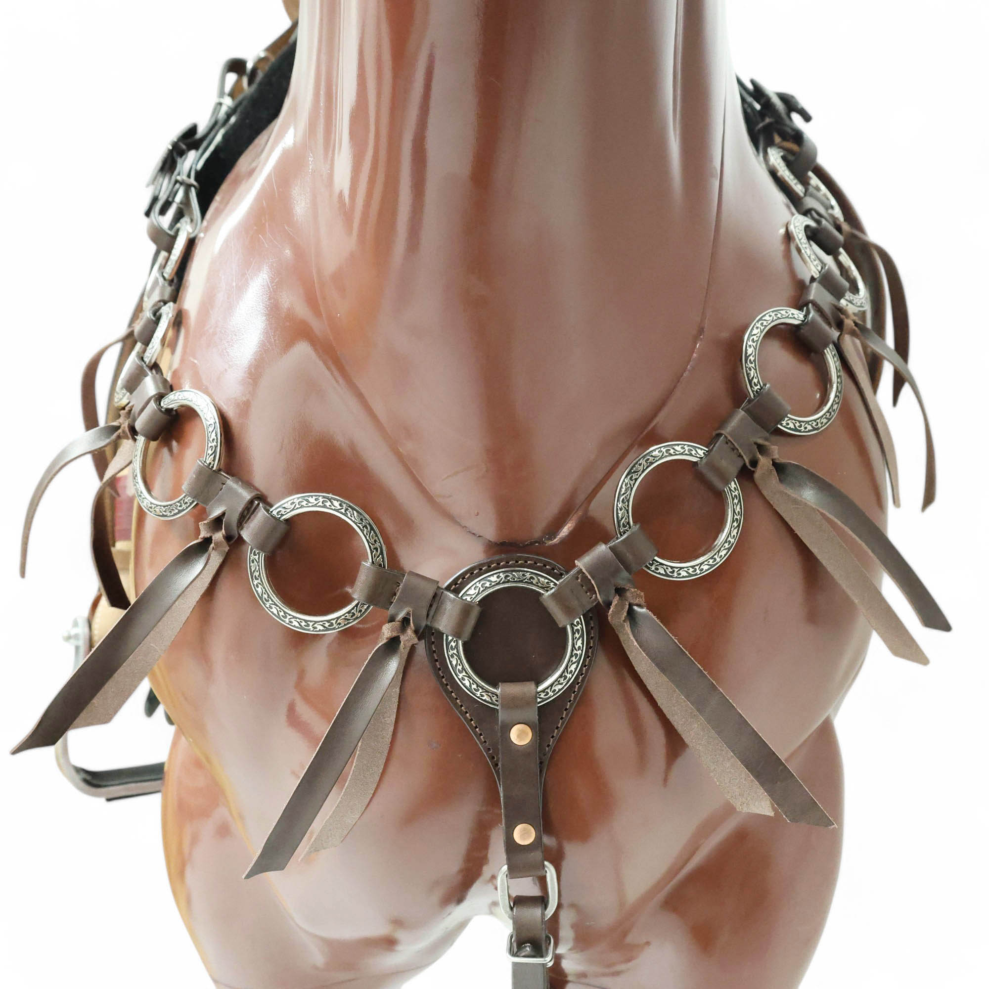 MOUSM Ring Headstall and Breast Collar Tack Set – Made form Argentina Cow Leather with Engraved Antique Nickel Rings, Metallic Brown Plain Leather Fringe on Real Brown Leather, and Braided Browband &amp; Cheekpiece