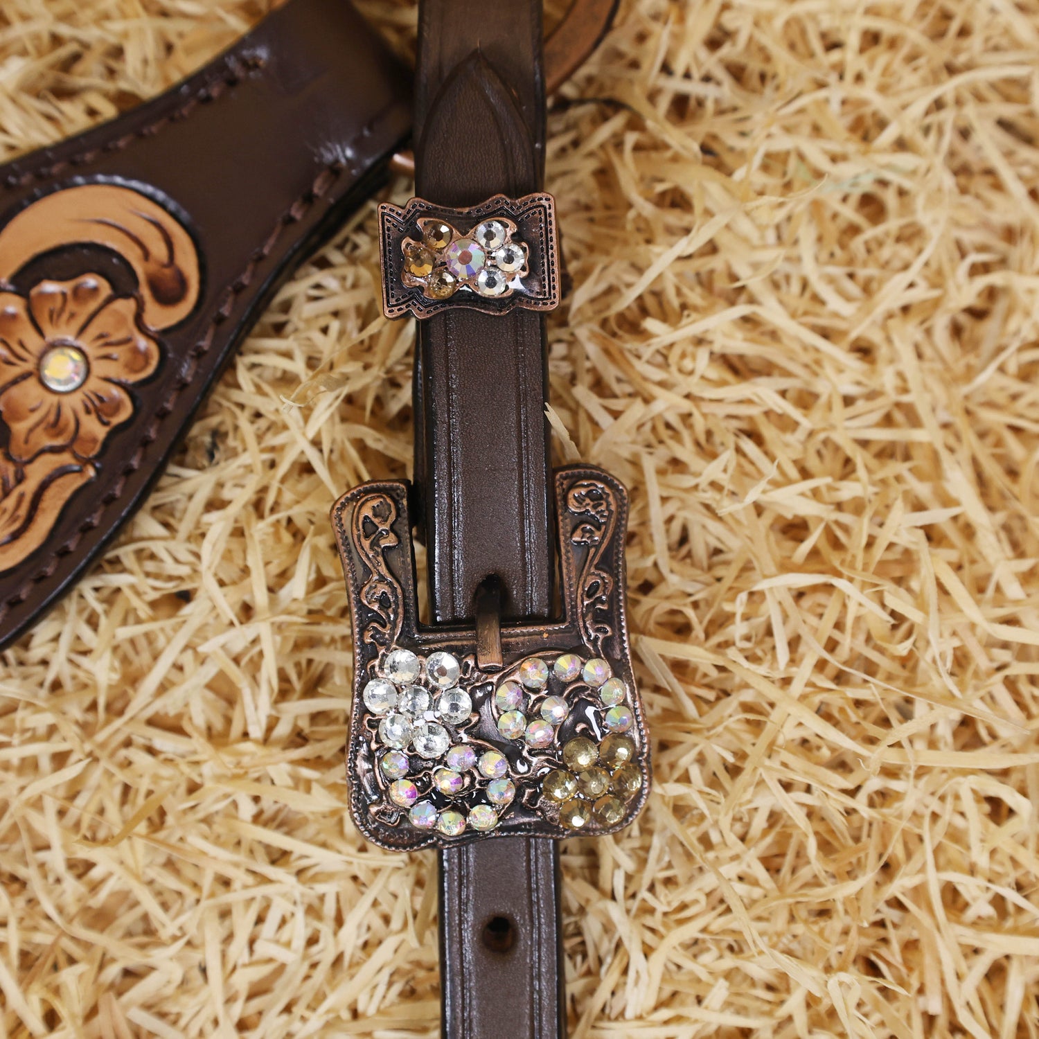 MOUSM Western Headstall and Breast Collar Set - Made with Argentina Cow Leather, Headstall Set Decorated with Hand-Carved Floral Design, Rhinestone Berry Conchos, and Antique Copper Buckles