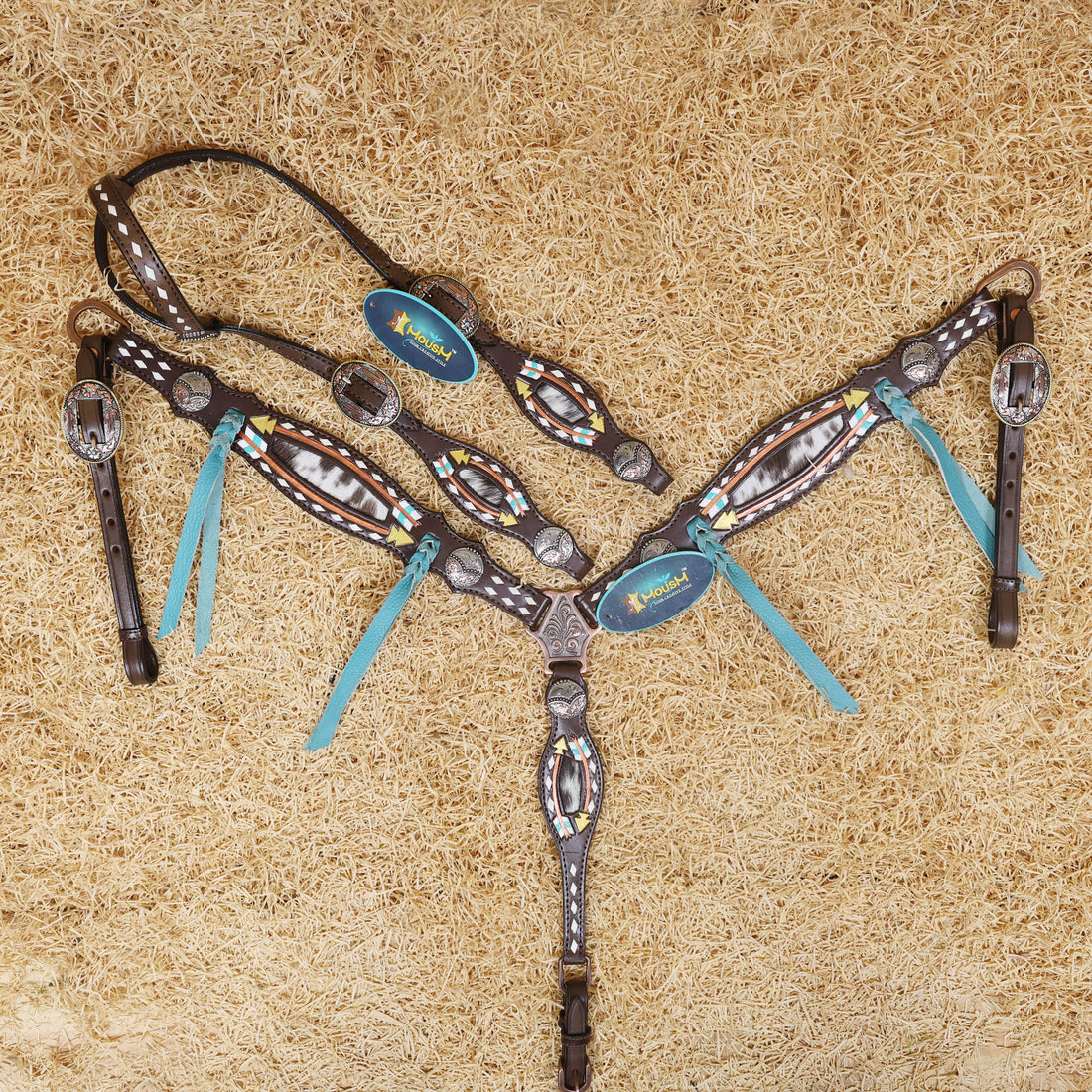 MOUSM Western Headstall and Breast Collar Set - Made with Argentina Cow Leather, Headstall Set Decorated with Arrow Tooling, Cowhide Inlay, and Rawhide Buck Stitching with Teal Laces