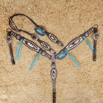 MOUSM Western Headstall and Breast Collar Set - Made with Argentina Cow Leather, Headstall Set Decorated with Arrow Tooling, Cowhide Inlay, and Rawhide Buck Stitching with Teal Laces
