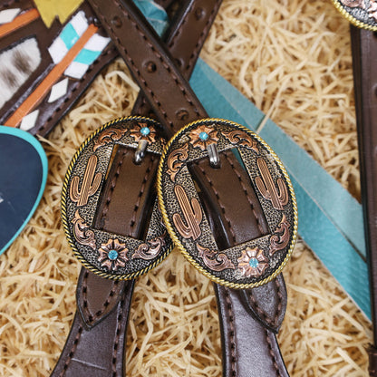 MOUSM Western Headstall and Breast Collar Set - Made with Argentina Cow Leather, Headstall Set Decorated with Arrow Tooling, Cowhide Inlay, and Rawhide Buck Stitching with Teal Laces