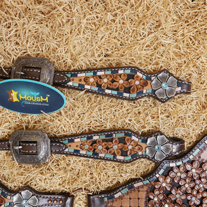 MOUSM Western Headstall and Breast Collar Set - Made with Argentina Cow Leather, Headstall Set Decorated with Filigree Flower Tooling Inlay and Antique Finish Flower Conchos