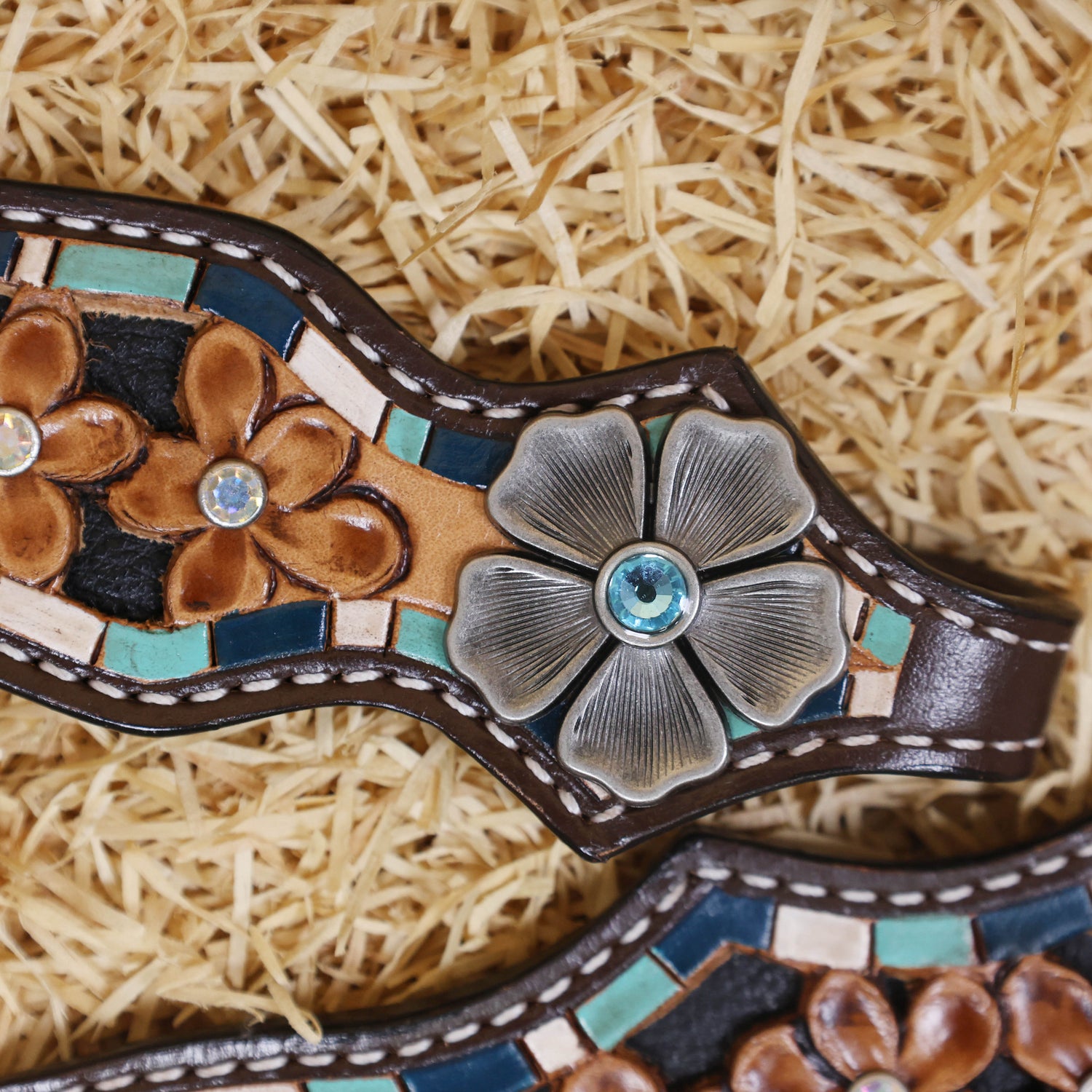 MOUSM Western Headstall and Breast Collar Set - Made with Argentina Cow Leather, Headstall Set Decorated with Filigree Flower Tooling Inlay and Antique Finish Flower Conchos