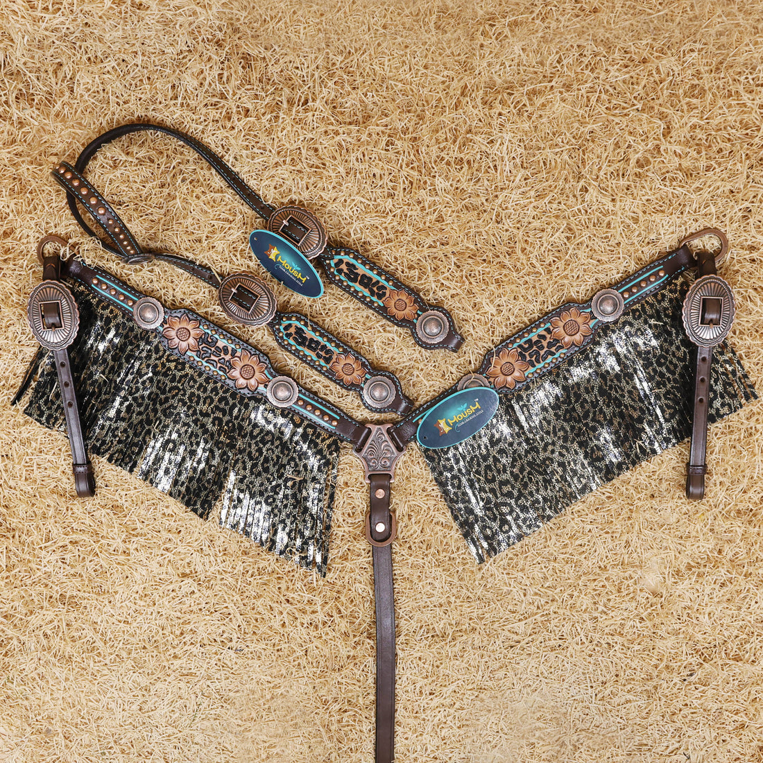 MOUSM Western Headstall and Breast Collar Set - Made with Argentina Cow Leather, Headstall Set Decorated with Leopard Fringe &amp; Copper Studs on Breast Collar, Cheek Pieces and One-Ear