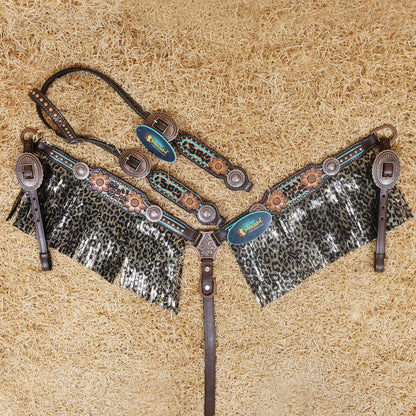 MOUSM Western Headstall and Breast Collar Set - Made with Argentina Cow Leather, Headstall Set Decorated with Leopard Fringe &amp; Copper Studs on Breast Collar, Cheek Pieces and One-Ear