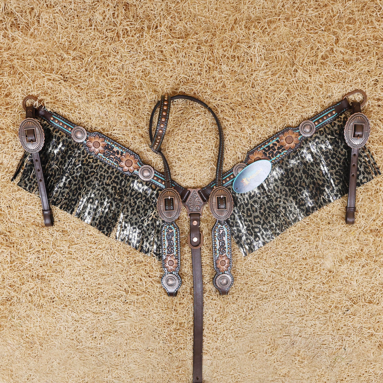MOUSM Western Headstall and Breast Collar Set - Made with Argentina Cow Leather, Headstall Set Decorated with Leopard Fringe &amp; Copper Studs on Breast Collar, Cheek Pieces and One-Ear