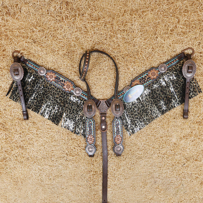 MOUSM Western Headstall and Breast Collar Set - Made with Argentina Cow Leather, Headstall Set Decorated with Leopard Fringe &amp; Copper Studs on Breast Collar, Cheek Pieces and One-Ear
