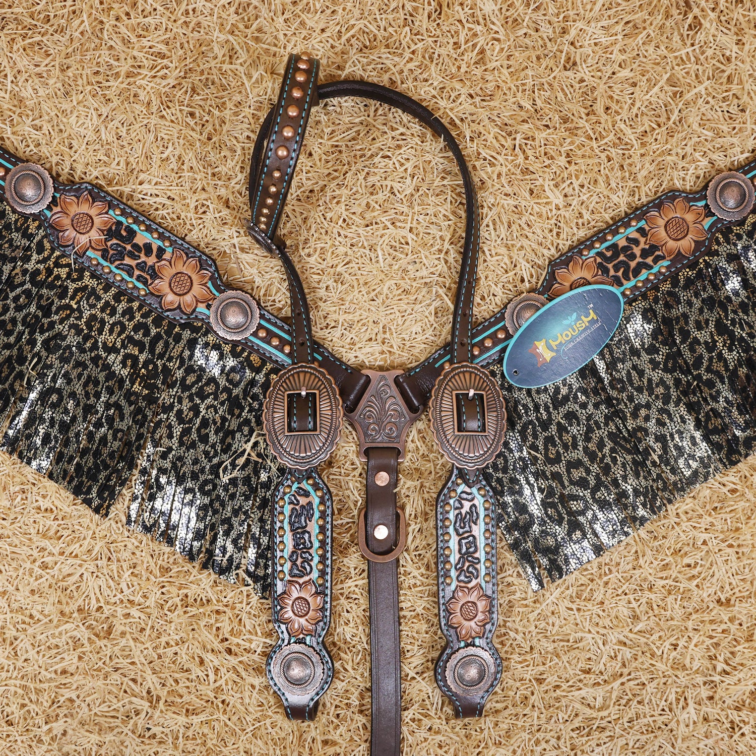 MOUSM Western Headstall and Breast Collar Set - Made with Argentina Cow Leather, Headstall Set Decorated with Leopard Fringe &amp; Copper Studs on Breast Collar, Cheek Pieces and One-Ear