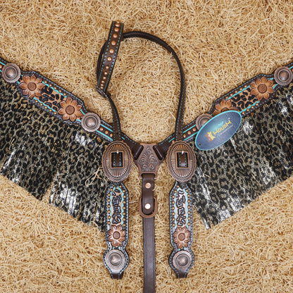 MOUSM Western Headstall and Breast Collar Set - Made with Argentina Cow Leather, Headstall Set Decorated with Leopard Fringe &amp; Copper Studs on Breast Collar, Cheek Pieces and One-Ear