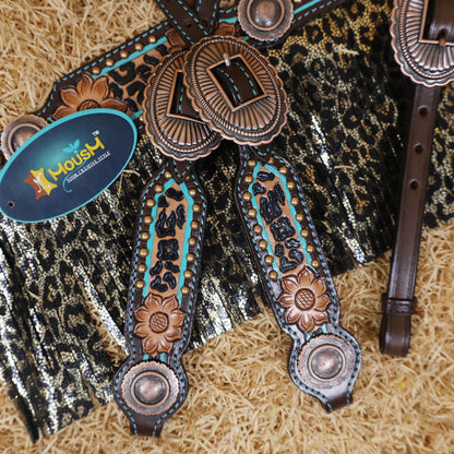 MOUSM Western Headstall and Breast Collar Set - Made with Argentina Cow Leather, Headstall Set Decorated with Leopard Fringe &amp; Copper Studs on Breast Collar, Cheek Pieces and One-Ear