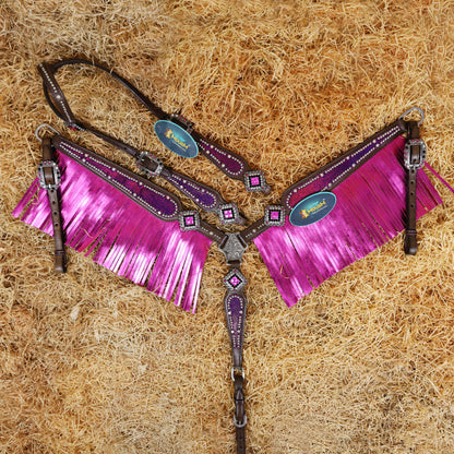 MOUSM Argentina Cow Leather Western Headstall Set - Breast Collar and Bridle Set Decorated with Holographic Pink and Purple Texture with Metallic Fringe and Nickel Studs Around Inlay