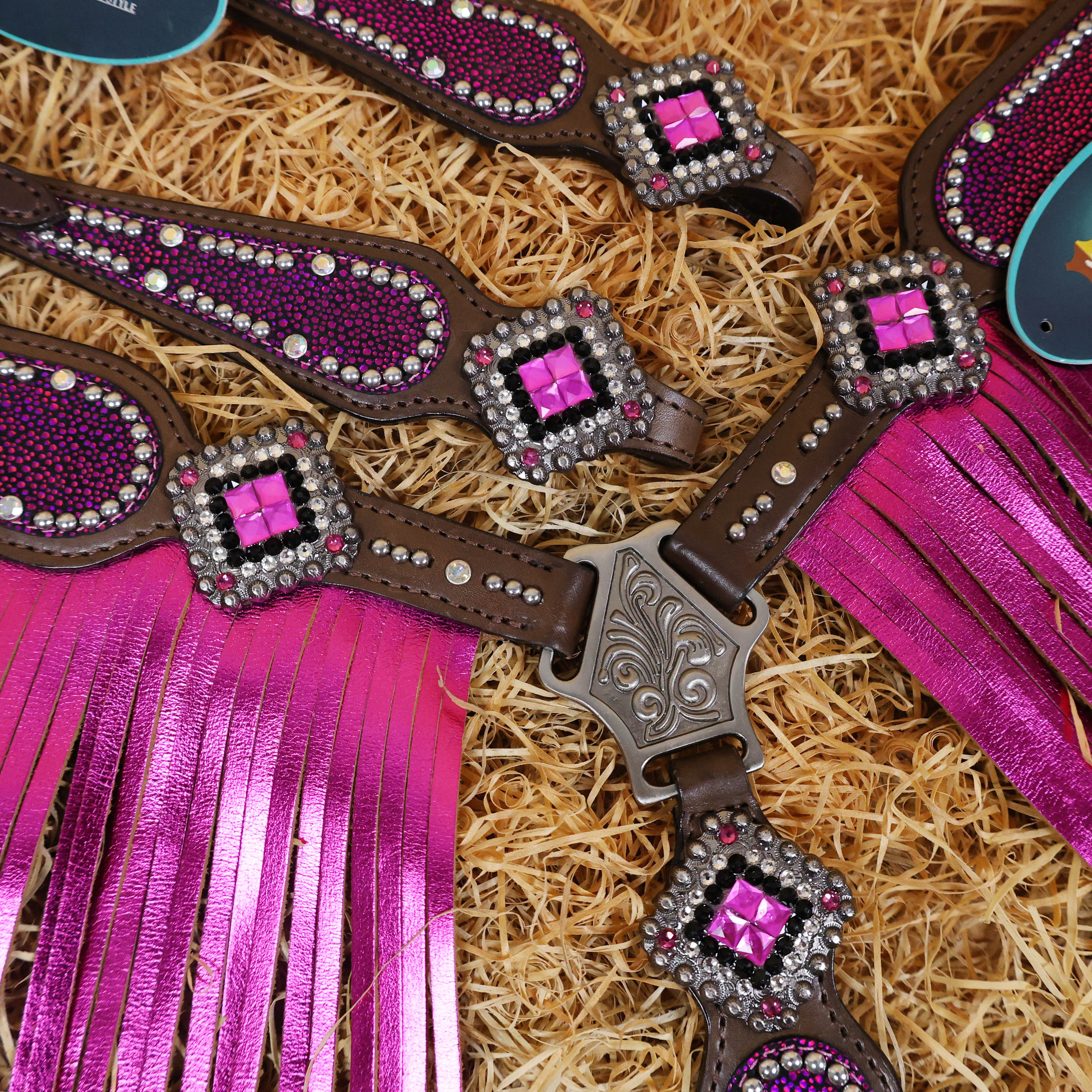 MOUSM Argentina Cow Leather Western Headstall Set - Breast Collar and Bridle Set Decorated with Holographic Pink and Purple Texture with Metallic Fringe and Nickel Studs Around Inlay