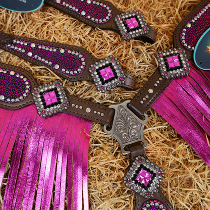 MOUSM Argentina Cow Leather Western Headstall Set - Breast Collar and Bridle Set Decorated with Holographic Pink and Purple Texture with Metallic Fringe and Nickel Studs Around Inlay
