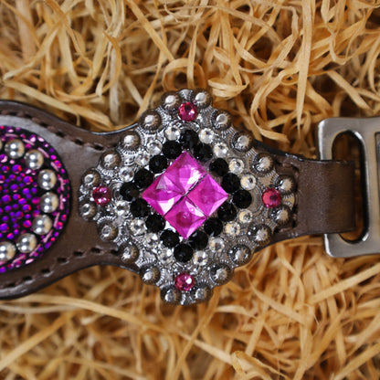 MOUSM Argentina Cow Leather Western Headstall Set - Breast Collar and Bridle Set Decorated with Holographic Pink and Purple Texture with Metallic Fringe and Nickel Studs Around Inlay