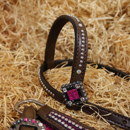 MOUSM Argentina Cow Leather Western Headstall Set - Breast Collar and Bridle Set Decorated with Holographic Pink and Purple Texture with Metallic Fringe and Nickel Studs Around Inlay