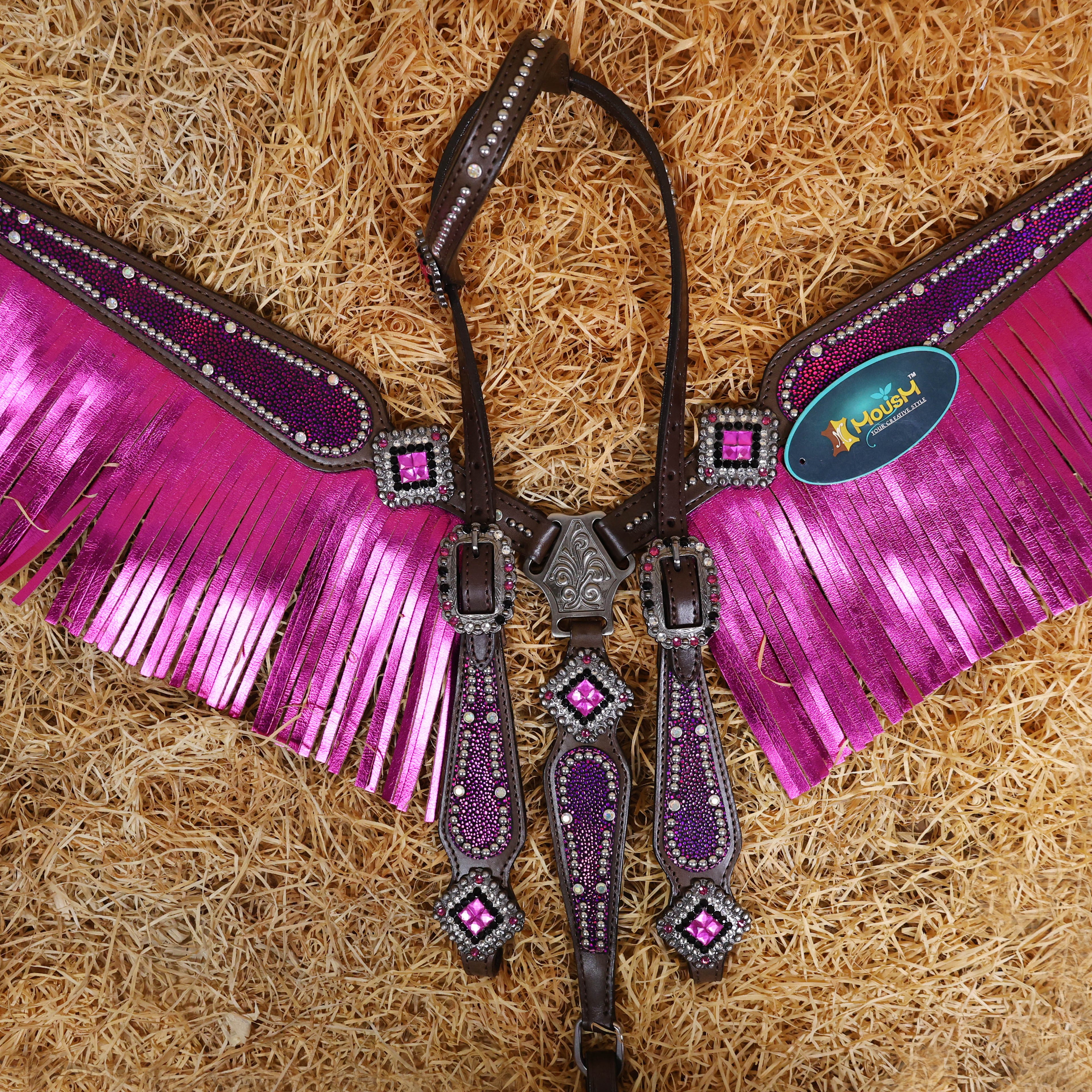 MOUSM Argentina Cow Leather Western Headstall Set - Breast Collar and Bridle Set Decorated with Holographic Pink and Purple Texture with Metallic Fringe and Nickel Studs Around Inlay