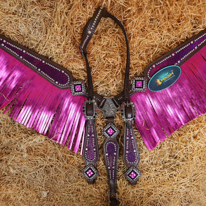 MOUSM Argentina Cow Leather Western Headstall Set - Breast Collar and Bridle Set Decorated with Holographic Pink and Purple Texture with Metallic Fringe and Nickel Studs Around Inlay