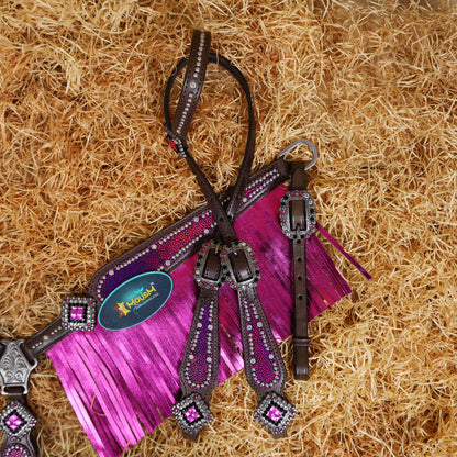 MOUSM Argentina Cow Leather Western Headstall Set - Breast Collar and Bridle Set Decorated with Holographic Pink and Purple Texture with Metallic Fringe and Nickel Studs Around Inlay
