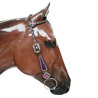 MOUSM Argentina Cow Leather Western Headstall Set - Breast Collar and Bridle Set Decorated with Holographic Pink and Purple Texture with Metallic Fringe and Nickel Studs Around Inlay