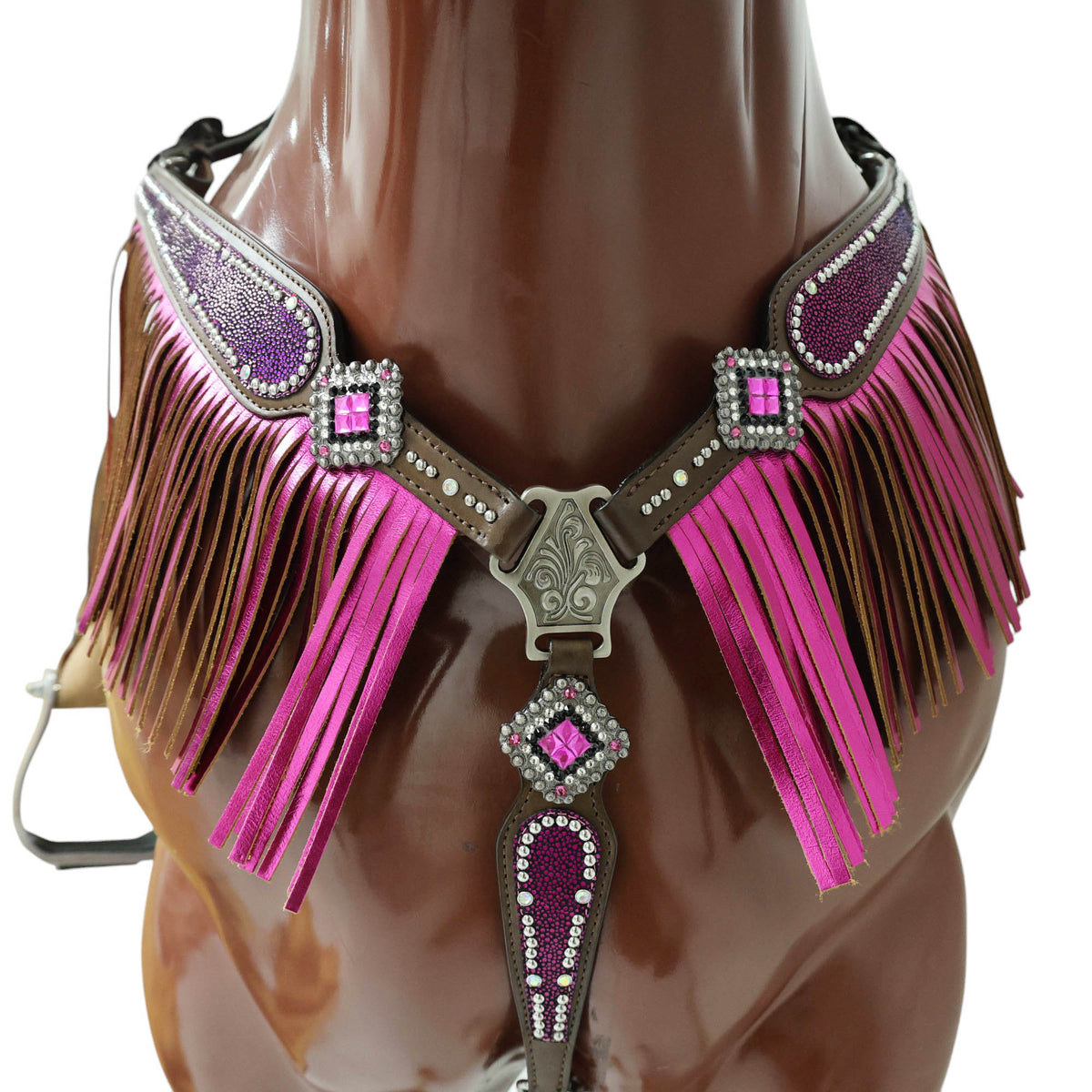 Holographic Pink Texture with Metallic Fringe Headstall Tack Set