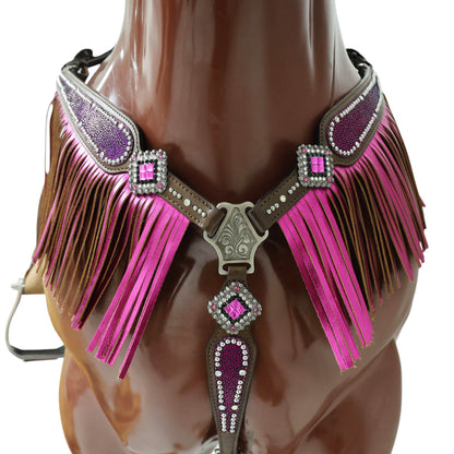 MOUSM Argentina Cow Leather Western Headstall Set - Breast Collar and Bridle Set Decorated with Holographic Pink and Purple Texture with Metallic Fringe and Nickel Studs Around Inlay