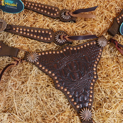 MOUSM Argentina Cow Leather Headstall and Breast Collar Set - Western Horse Tack Set Gladiator Style Breast Collar Decorated with Brown Alligator Skin Texture, Copper Studs &amp; Sunburst Conchos