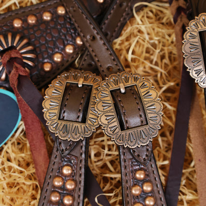 MOUSM Argentina Cow Leather Headstall and Breast Collar Set - Western Horse Tack Set Gladiator Style Breast Collar Decorated with Brown Alligator Skin Texture, Copper Studs &amp; Sunburst Conchos