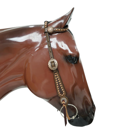 MOUSM Argentina Cow Leather Headstall and Breast Collar Set - Western Horse Tack Set Gladiator Style Breast Collar Decorated with Brown Alligator Skin Texture, Copper Studs &amp; Sunburst Conchos