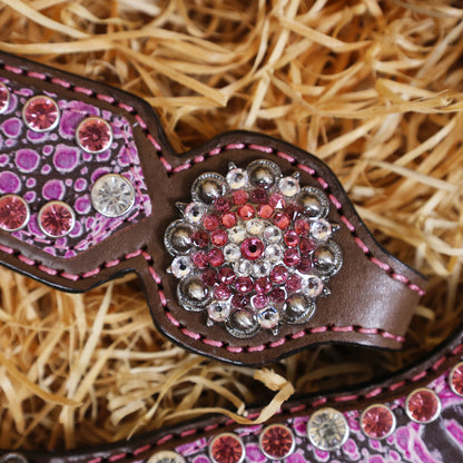 MOUSM Western Headstall and Breast Collar Set - Argentina Cow Leather Western Horse Tack Set Gladiator Style Breast Collar Decorated with Pink Alligator Skin Texture, Pink-White Rhinestones Rivets