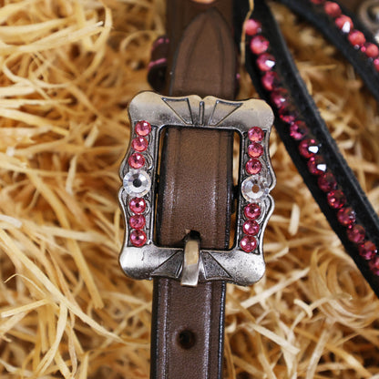 MOUSM Western Headstall and Breast Collar Set - Argentina Cow Leather Western Horse Tack Set Gladiator Style Breast Collar Decorated with Pink Alligator Skin Texture, Pink-White Rhinestones Rivets