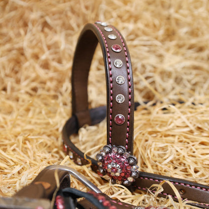 MOUSM Western Headstall and Breast Collar Set - Argentina Cow Leather Western Horse Tack Set Gladiator Style Breast Collar Decorated with Pink Alligator Skin Texture, Pink-White Rhinestones Rivets