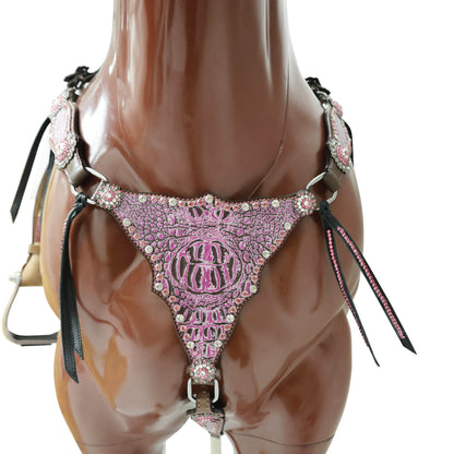 MOUSM Western Headstall and Breast Collar Set - Argentina Cow Leather Western Horse Tack Set Gladiator Style Breast Collar Decorated with Pink Alligator Skin Texture, Pink-White Rhinestones Rivets