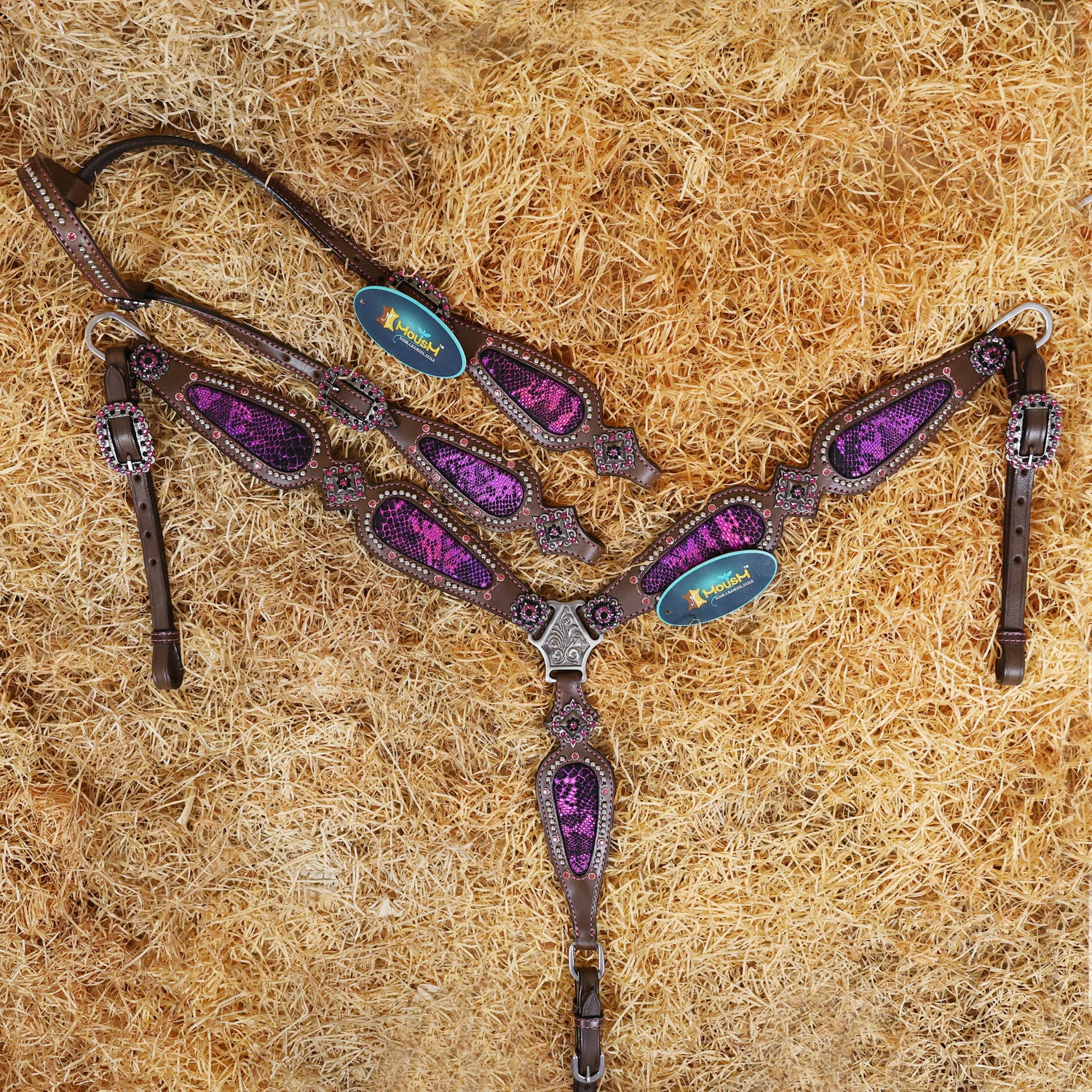 MOUSM Western Headstall and Breast Collar Set - Argentina Cow Leather Western Horse Tack Set Decorated with Pink Snake Texture Leather, Nickel Studs with Pink Rhinestones All Around
