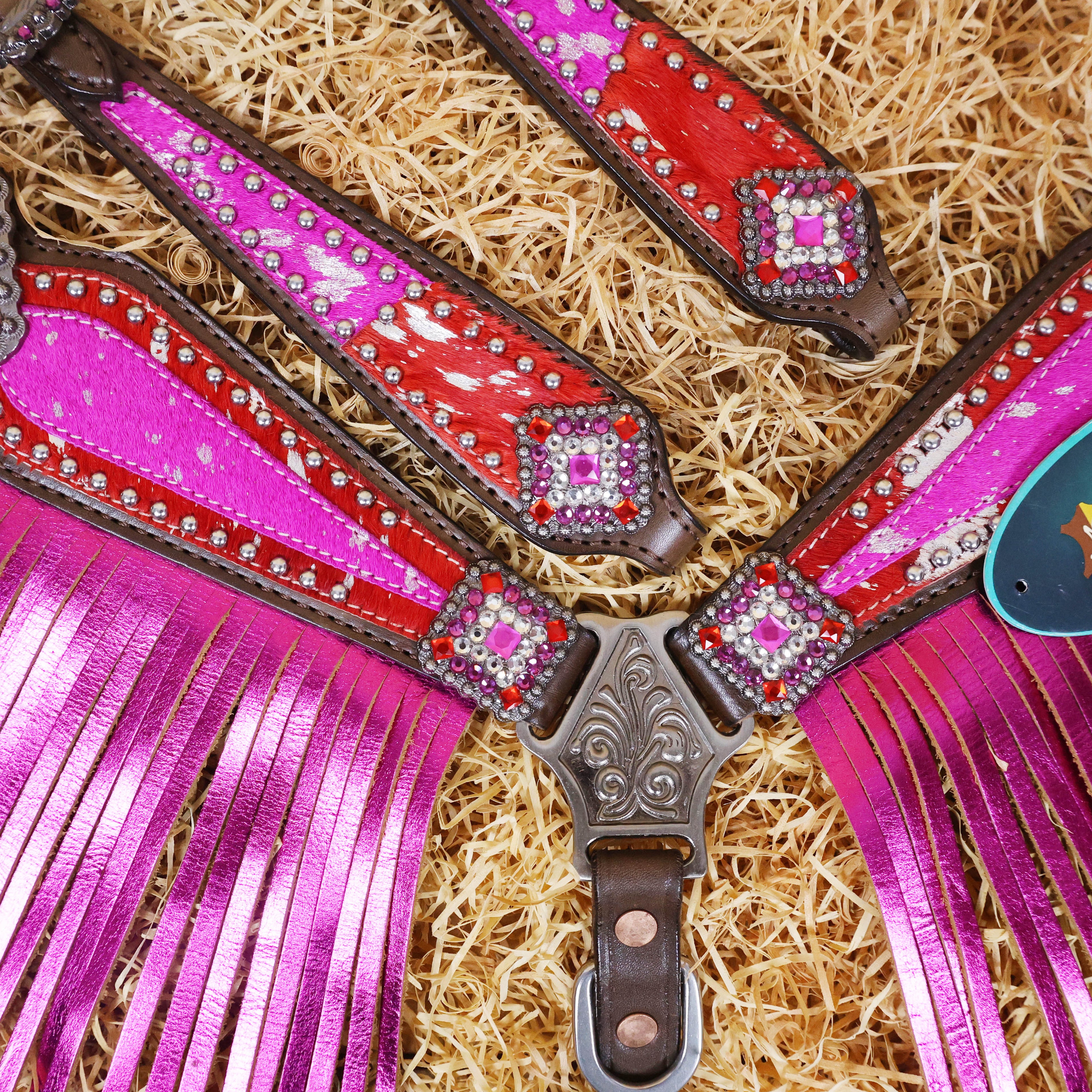 MOUSM Western Headstall and Breast Collar Set Decorated with Red-Pink Cowhide Inlay, Silver Patches Surrounded by Metal Beads, Matching Rhinestone Conchos, and Pink Metallic Leather Fringe