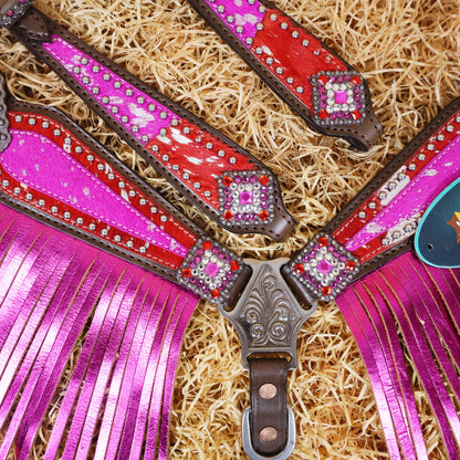 MOUSM Western Headstall and Breast Collar Set Decorated with Red-Pink Cowhide Inlay, Silver Patches Surrounded by Metal Beads, Matching Rhinestone Conchos, and Pink Metallic Leather Fringe