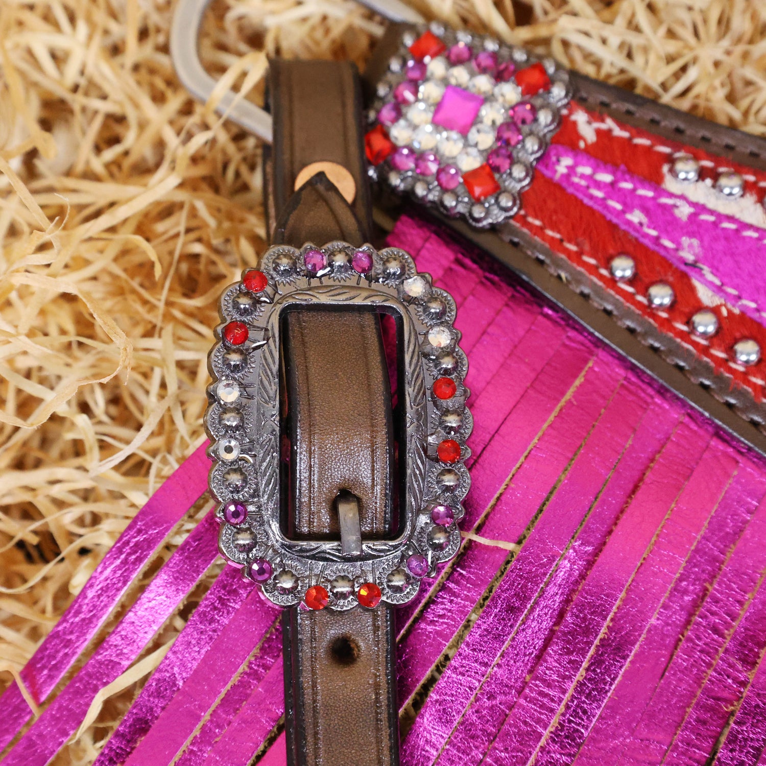 MOUSM Western Headstall and Breast Collar Set Decorated with Red-Pink Cowhide Inlay, Silver Patches Surrounded by Metal Beads, Matching Rhinestone Conchos, and Pink Metallic Leather Fringe