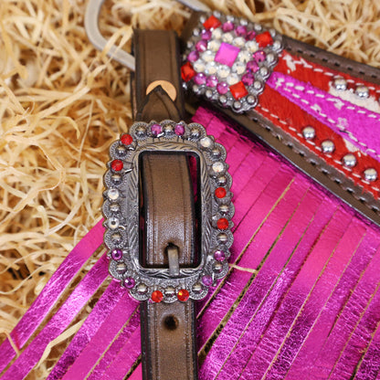 MOUSM Western Headstall and Breast Collar Set Decorated with Red-Pink Cowhide Inlay, Silver Patches Surrounded by Metal Beads, Matching Rhinestone Conchos, and Pink Metallic Leather Fringe