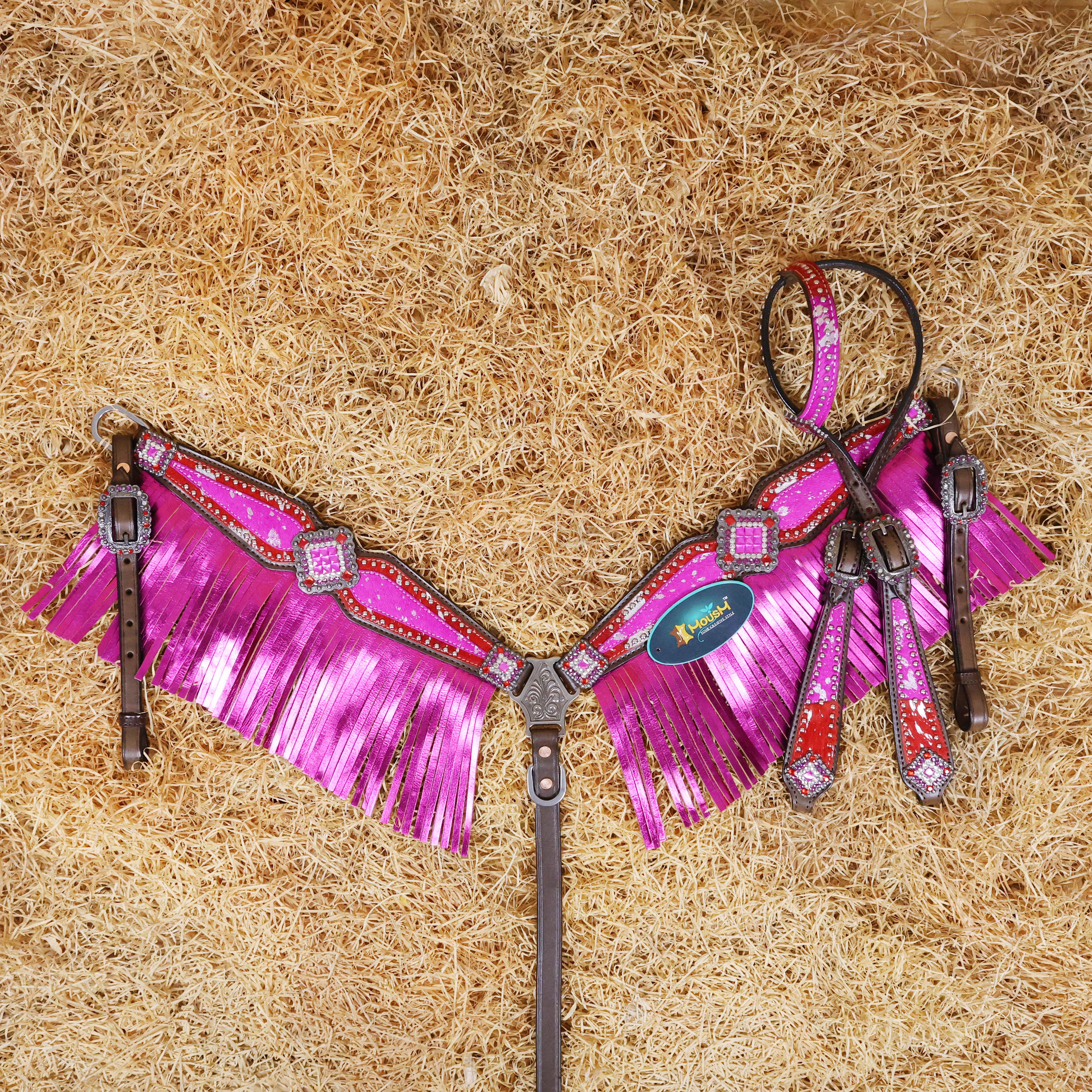 MOUSM Western Headstall and Breast Collar Set Decorated with Red-Pink Cowhide Inlay, Silver Patches Surrounded by Metal Beads, Matching Rhinestone Conchos, and Pink Metallic Leather Fringe