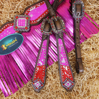 MOUSM Western Headstall and Breast Collar Set Decorated with Red-Pink Cowhide Inlay, Silver Patches Surrounded by Metal Beads, Matching Rhinestone Conchos, and Pink Metallic Leather Fringe
